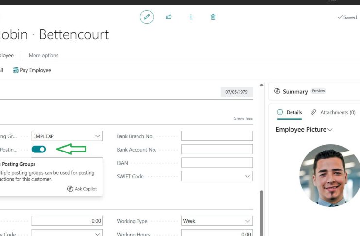 Allow Multiple Posting Groups activated on Employee Card page in Business Central