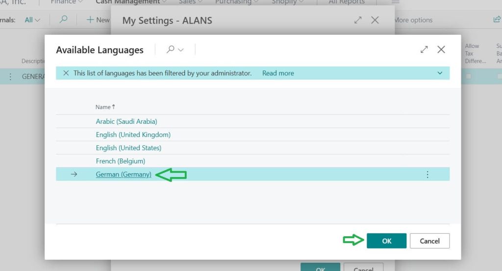 Available Languages list filtered on Business Central