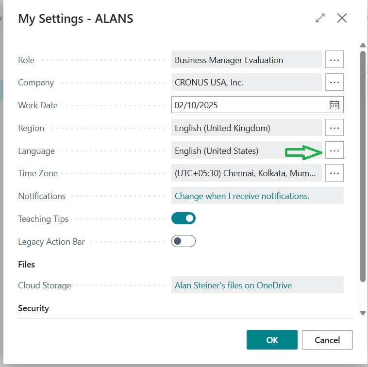 My settings language selection setup in Business Central
