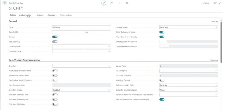 Shopify card in D365 Business Central