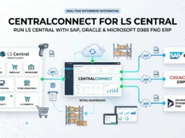 entralConnect for LS Central retail dashboard integrating with SAP ERP, Oracle ERP, and Microsoft Dynamics 365 FNO through secure real-time APIs, illustrating bi-directional data flow for inventory, sales, and financial data in an enterprise cloud environment.